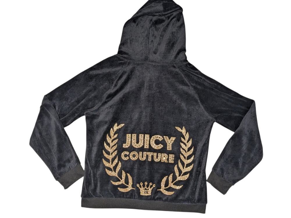 Juicy Couture Size Large Velour Full Zip Hoodie Black Gold Glitter Wreath Crown